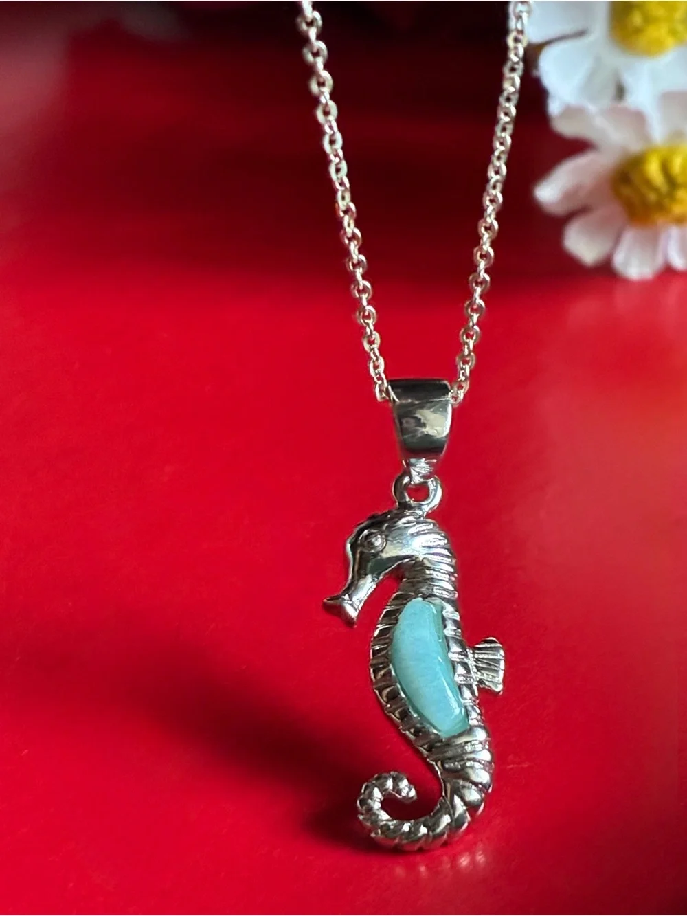 925 Silver Seahorse Pendant Necklace with Light Blue Inlay 21” adjustable